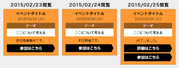 2015/02/24に開催するイベントの告知枠です。閲覧のタイミングによって 前日までは「参加者募集中です。」 当日には「本日開催です。」 後日には「終了しました。」を表示します。